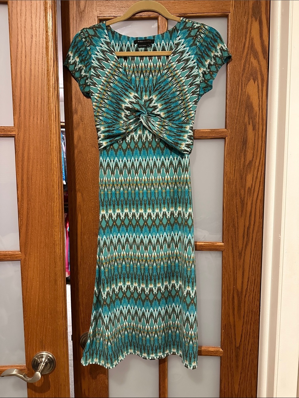 BCBGMaxAzria Teal and White Patterned Twist-Front Midi Dress​